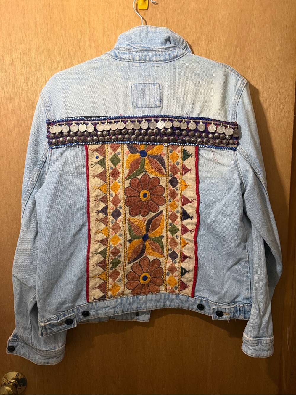 ONE OF A KIND Denim Jacket with Floral Embroidery and Coin Detail